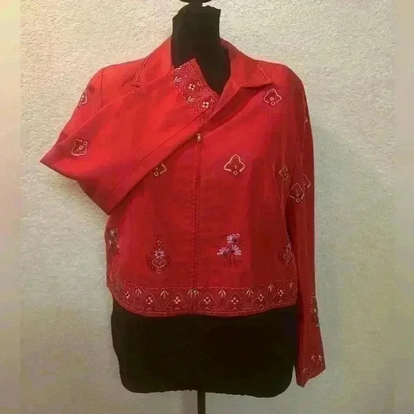 Vintage 80s Maggy London 100%Silk Red Embroidered Full Zip Bolero Jacket Size 10 - Picture 2 of 7